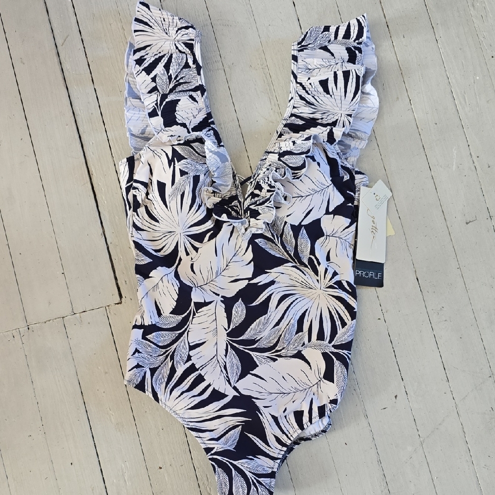 Profile By Gottex Navy and White Leaf One-Piece Swimsuit